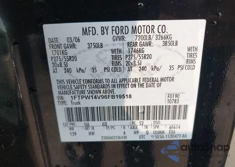 2006 Ford F150 Supercrew from USA, damaged, VIN 1FTPW14V96FB19518